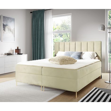 Sofello Boxspringbett 200x200cm Beige Velour Samt goldene Beine Ehebett Polsterbett aus Samt (1/5)