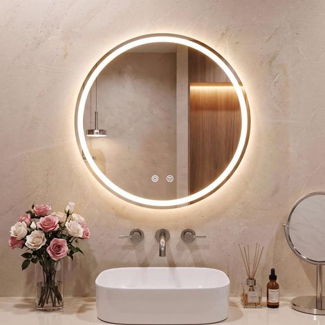 Miroir de Salle de Bain, Rond, 60 cm, LED, avec 3 Couleurs de lumière, à intensité Variable, Verre trempé, Protection Contre Les Explosions, Interrupteur Tactile, Fonction mémoire, Anti-buée (1/5)