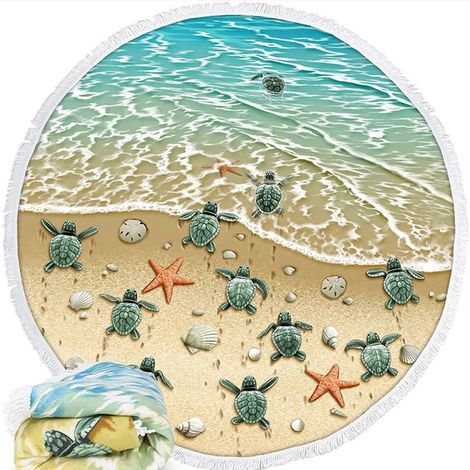 Couverture de Serviette de Plage en Microfibre à Séchage Rapide sans Sable, Grande Nappe Ronde Tapis Yoga Pique-Nique 150 cm avec Franges, Tortues sur La Plage
