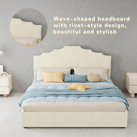 Lit douillet moderne minimaliste 160x200 cm beige avec tête de lit confortable, meuble multifonction, base haute avec vérin hydraulique, matelas 160x200 cm inclus. (1/5)