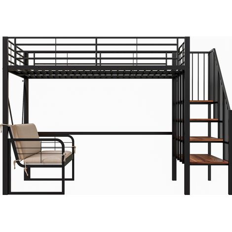 Lit superposé 140x200 en métal noir, lit mezzanine avec canapé et escalier de rangement, idéal comme lit superposé adulte et ado. (1/5)
