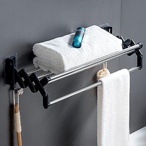 Ausziehbarer, wandmontierter Handtuchhalter 40 cm – Rostfreier Edelstahl – Selbstklebende oder Wandmontage – 2 zusätzliche Haken (1/5)