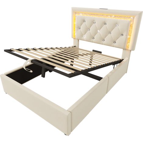 Lit simple rembourré 90x200 cm en velours avec LED, USB-C, coffre hydraulique - Beige (1/5)