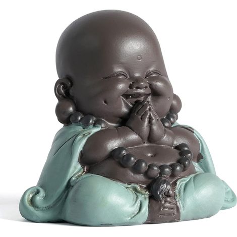 Kleiner lachender Buddha, niedliche Mönchsstatue, Keramikornamente, kleine Buddha-Figur, Tischdekoration, Geschenk, betender Buddha, 7,5 cm hoch, grün
