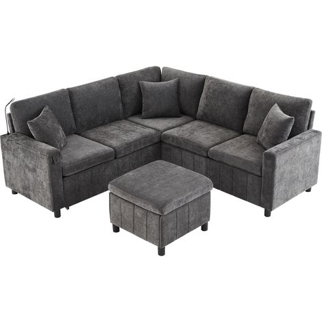 Canapé d'Angle Convertible Chenille Gris avec Pouf, Table Cachée, Liseuse et Ports USB 205x205cm (1/5)