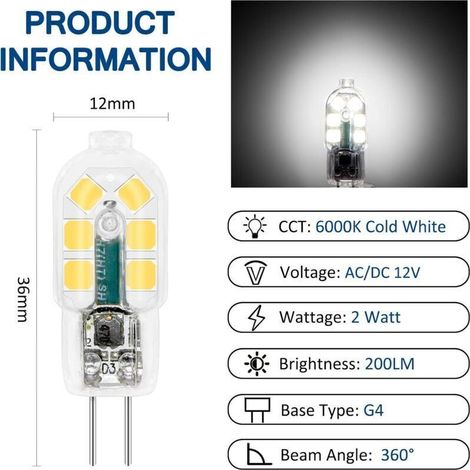Ampoule LED G4 12 V 2 W Blanc Froid 6000 K 200 Lm pour Hotte Aspirante Cuisine et Camping-Car – Lot de 10 – Classe Énergétique A+ (1/5)