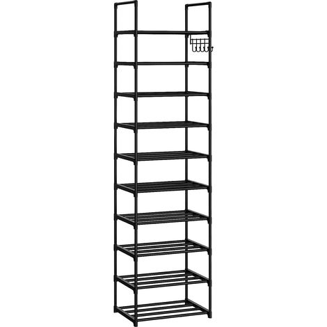 Zapatero de 10 niveles, ahorra espacio, soporte de metal para zapatos, con gancho, apilable, para entrada, sala de estar, dormitorio, color negro (1/5)