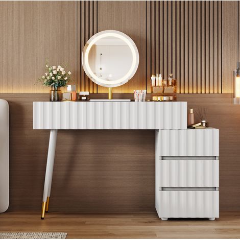Toeletta 100x40x127 cm bianca in MDF e truciolare con specchio LED, 5 cassetti e mobile laterale reversibile (1/5)