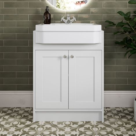 620mm Bathroom Vanity Unit Semi-Recessed Basin Freestanding, 1 Tap Hole, Traditional, Chrome Handles, White (1/5)