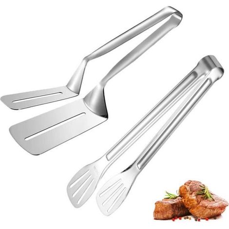 Grillzange aus Edelstahl, 2-teilig, geeignet zum Grillen, Braten und für Salate (Grillzange, Brotzange) (1/4)