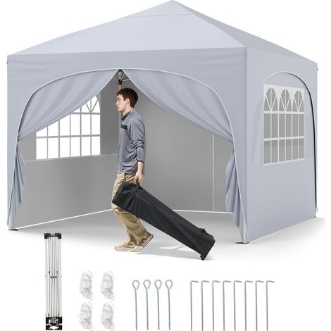 GOPLUS Tonnelle de Jardin Exterieur, Tonnelle Pliante 3 x 3 M Tente Portable Gazebo avec Poids Lestage, Parois Latérales, Abri Solaire Extérieur avec Sac roulettes, 4 Cordes/Ancres, 8 Piquets (Blanc) (1/5)