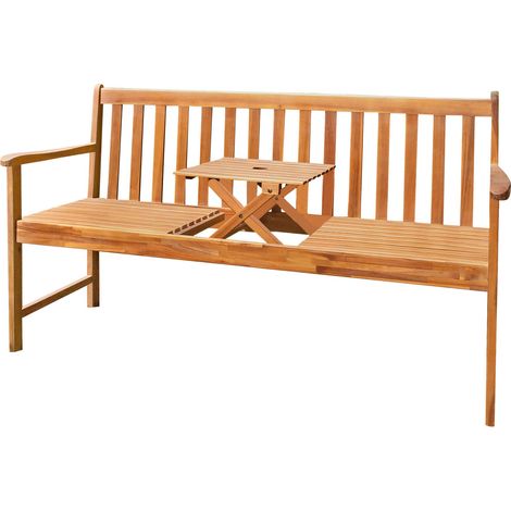 Akazien Gartenbank mit integriertem Tisch - 150 cm - 3-Sitzer Holz Sitzbank 2in1 mit Armlehnen - Holzbank Parkbank Friesenbank Massivholz Gartenmöbel