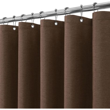 Rideau de Douche Lin avec Anneaux en Métal Imperméable Anti-Moisissures Polyester Tissu Rideau Salle de Bain Lourd pour Baignoire Cabine de Douche - 275x182CM (Marron) (1/5)