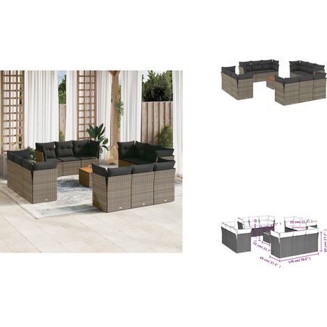The Living Store Salon de jardin avec coussins 13 pcs gris résine tressée - Meubles d'extérieur (1/3)