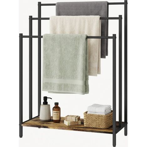 Relaxdays portasciugamani con ripiano, 82,5x60x28 cm, stile industriale, 3 aste, marrone scuro/nero