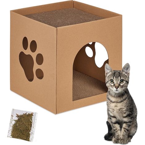 Niche en Carton pour Chat, avec griffoirs, à Construire, Herbe aux Chats Incluse, 30x30x30,5 cm, Marron (1/5)
