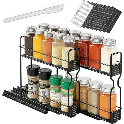 Spice Rack, Extendable, 2 Levels with Labeled Stickers and Roller Rails, Kitchen Cabinet Organiser, No Drilling, Spice Rack for Cabinet, 26.7 x 13.2 x 25.6 cm, Black (1/5)