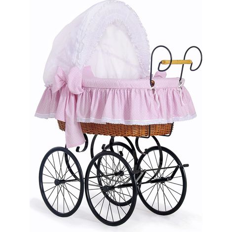 Moisés de mimbre retro Christine con capota plegable - Ropa de cama de encaje natural y rosa (1/4)