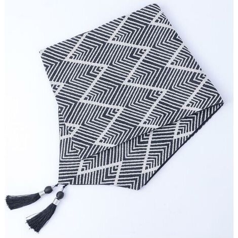 Artículos para el hogar, decoración, objetos decorativos, banderín de mesa con estampado jacquard geométrico en algodón y lino blanco y negro (32x220cm, onda grande) (1/5)