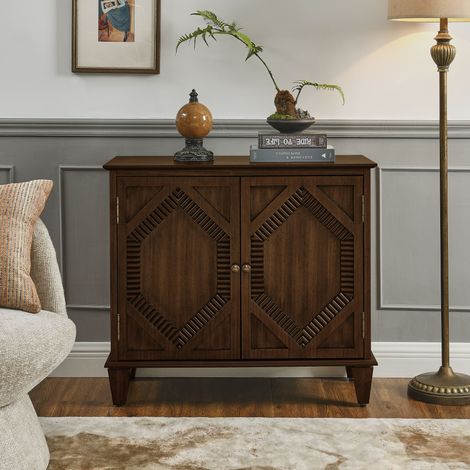 Buffet vitrine rétro 85,3x40 cm avec portes vitrées symétriques, rangement et détails géométriques, MDF et bois massif, Effet noyer (1/5)