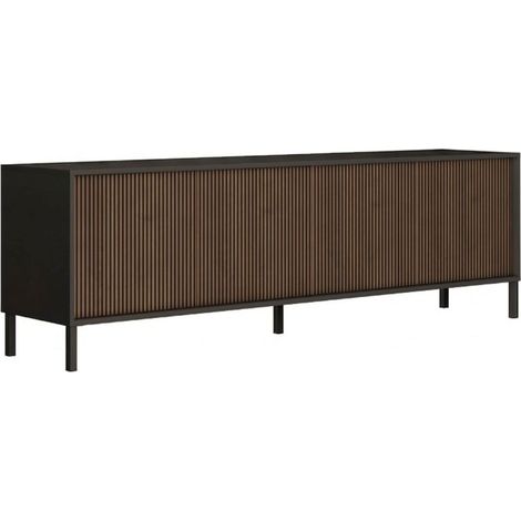 Meuble TV gris lave et aspect bois relief effet tasseaux pieds métal - TICORIA (1/5)