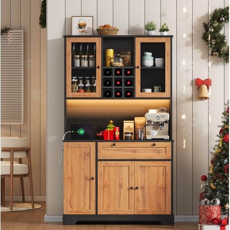 Buffet de cuisine 105 x 40 x 180 cm avec LED, prises USB, range-bouteilles, noir et naturel HAVRYA (1/5)