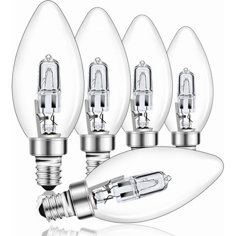 Bombilla halógena regulable E14 de 42 W, transparente, tipo C35, blanco cálido 2700 K, casquillo de rosca, apta para lámparas colgantes, apliques de pared y lámparas de mesa, 650 lm, paquete de 5 [Niv (1/4)