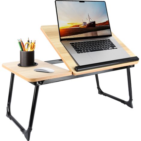® Table d'appoint pour ordinateur portable au lit, petite table de travail pliable, support pour ordinateur portable/carnet en bambou, table de lit/canapé, 56 x 33 x 24 cm, couleur bois naturel (1/5)