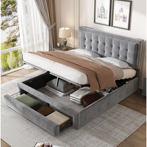 Lit coffre 140x190 en velours gris avec sommier à lattes, tête de lit réglable et 2 tiroirs HAVRYA (1/5)