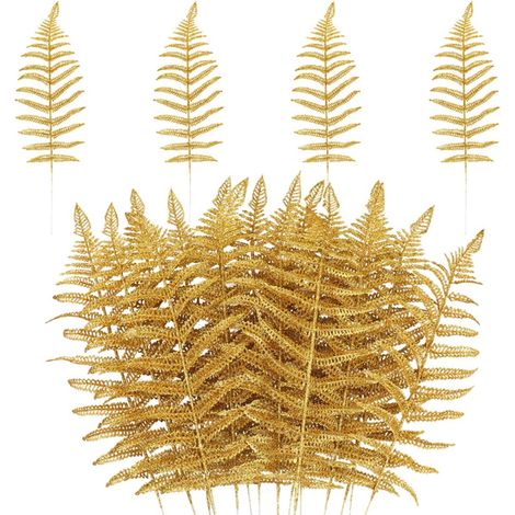 16 branches fausses feuilles de fougère dorées, pailletées, pour guirlandes de Noël, décoration de table et mariage