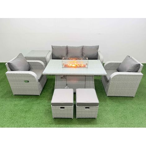 Fimous PE Rattan Garden Furniture Set Reclining Chair Sofa Lounge Sofa Set Firepit Dining Table Side Table 2 Small Stools Light Grey (1/5)