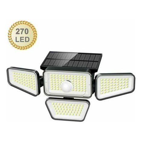 -Lampes Solaires Extérieures, 270 LED 3000LM Détecteur de Mouvement IP65 Étanche 4 Têtes 3 Modes 6500K Énergie Solaire Sécurité LED Projecteurs Sans (1/5)