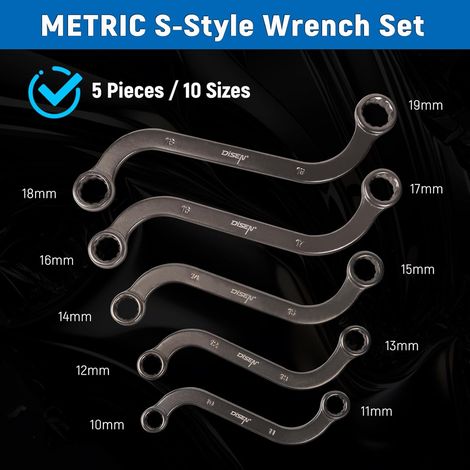 5-teiliger metrischer S-förmiger Steckschlüsselsatz, 10, 11, 12, 13, 14, 15, 16, 17, 18, 19 mm, 12-kant, CR-V-Stahl, vernickelt