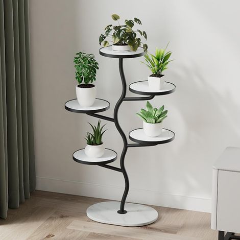 Support Plante 5 Niveaux Intérieur/Extérieur, Étagère plantes métal noir, Idéal pour balcon, jardin, salon, Gain de place, Blanc