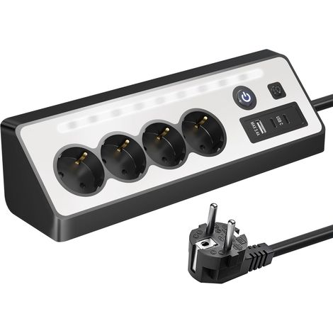 Multipresa a 4 prese con USB e 2 porte di tipo C - Multipresa angolare con interruttore per piano di lavoro della cucina, nera