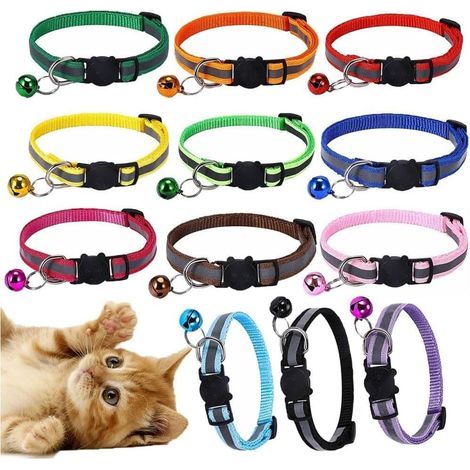 12 Pièces Collier Chat Réfléchissant, 20–32,5 cm Collier Chats Anti Étranglement Chatons Chiots Réglable Réfléchissant avec Clochette et Boucle de Sécurité, Réglable Collier pour Chat (1/5)