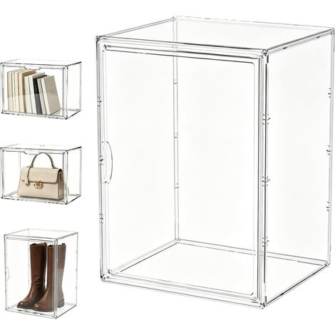 Boîtes à chaussures empilables en plastique transparent avec porte magnétique - 40 x 25 x 30 cm - Rangement anti-poussière pour sac à main, cosmétiques, chaussures, livres (1/5)