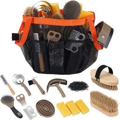 Kit de toilettage pour chevaux, 13 pièces, brosses à cheval avec sac de rangement, kit de tressage pour cheval, brosse à cheval et brosse pour un toilettage efficace, brosses à crinière cadeau (1/5)