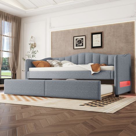 Méridienne 90x200 convertible avec lit escamotable, canapé d'appoint, couchage 1 place sans matelas, éclairage LED, lin naturel, design épuré, teinte gris clair (1/5)