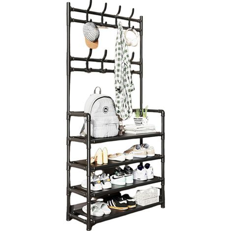 Porte-manteau métallique simple, porte-chaussures mural, porte-manteau de couloir, cintre de sol, rangement, armoire multifonctionnelle combinant chaussures et chapeaux, 80 cm, dos, 4 L (1/5)