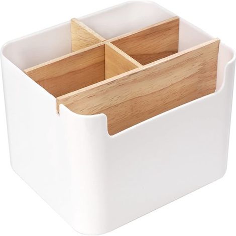 Organiseur de bureau pour stylos - Boîte de rangement en bois blanc - Compartiments modulables - 1 pièce - Blanc (1/5)