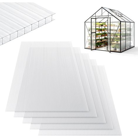 Randaco 5 plaques alvéolaires en polycarbonate 8 mm transparentes, 60,5 x 121 cm, 3,66 m², protection UV pour serre et carport (1/5)