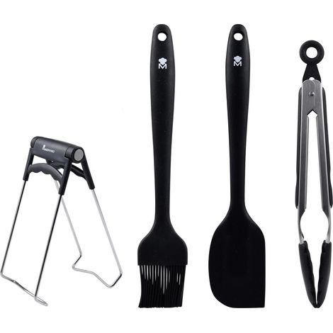 Game of 4 Black Kitchen Ustensils - Fabriqué en Silicone résistant et en Acier Inoxydable - Pinceau 26cm - spatule 28cm - Clamp Alimentaire - 18 cm Bol (1/3)