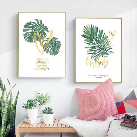 Nouveau style d'exportation nordique moderne minimaliste frais feuilles de plantes vertes lettres dorées décoration murale photo noyau (1/5)