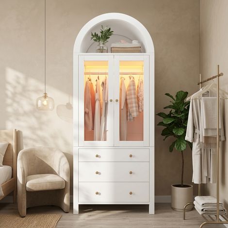 Armoire penderie - tiroir à bijoux - 1 barre de penderie - 3 tiroirs - portes vitrées - éclairage led - design arqué - blanc (1/5)