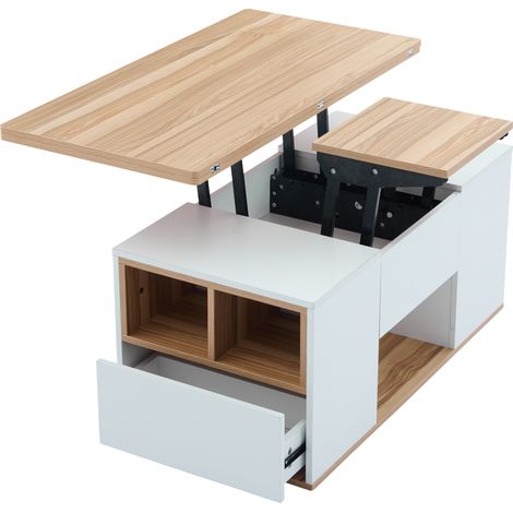 Table basse relevable multifonction blanche et bois avec plateau extensible, meuble de salon moderne 100x51x47 cm (1/5)