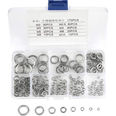180pcs 8 Taille Coffret Assortiment de Rondelles de Ressort en acier inoxydable 304, Kit Rondelles de Ressort M2 M2.5 M3 M4 M5 M6 M8 M10 (1/5)