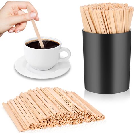 Lot de 200 touillettes à café en bois de 14 cm avec support pour agitateurs à café, cocktails, accessoires à emporter, plans de travail de cuisine, bar (1/5)
