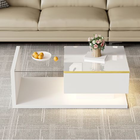 tavolo soggiorno 90x50 LED vetro bianco lucido design OKMYHOME (1/5)