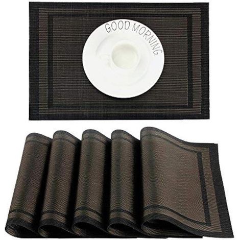Sets de table lavables, lot de 6, en PVC résistant à la chaleur, en vinyle, anti-salissures, pour la maison, le restaurant, la cuisine et la table à manger, 30 x 45 cm, noirs (1/5)